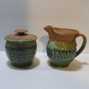 vtg green glazed pottery sugar bowl and creamer set nature tones boho table set